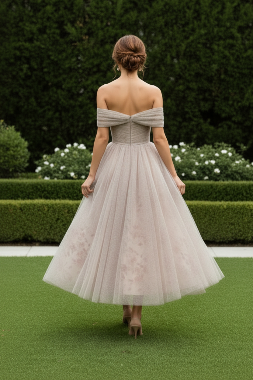 Off-The-Shoulder Tulle Tea-Length Dress