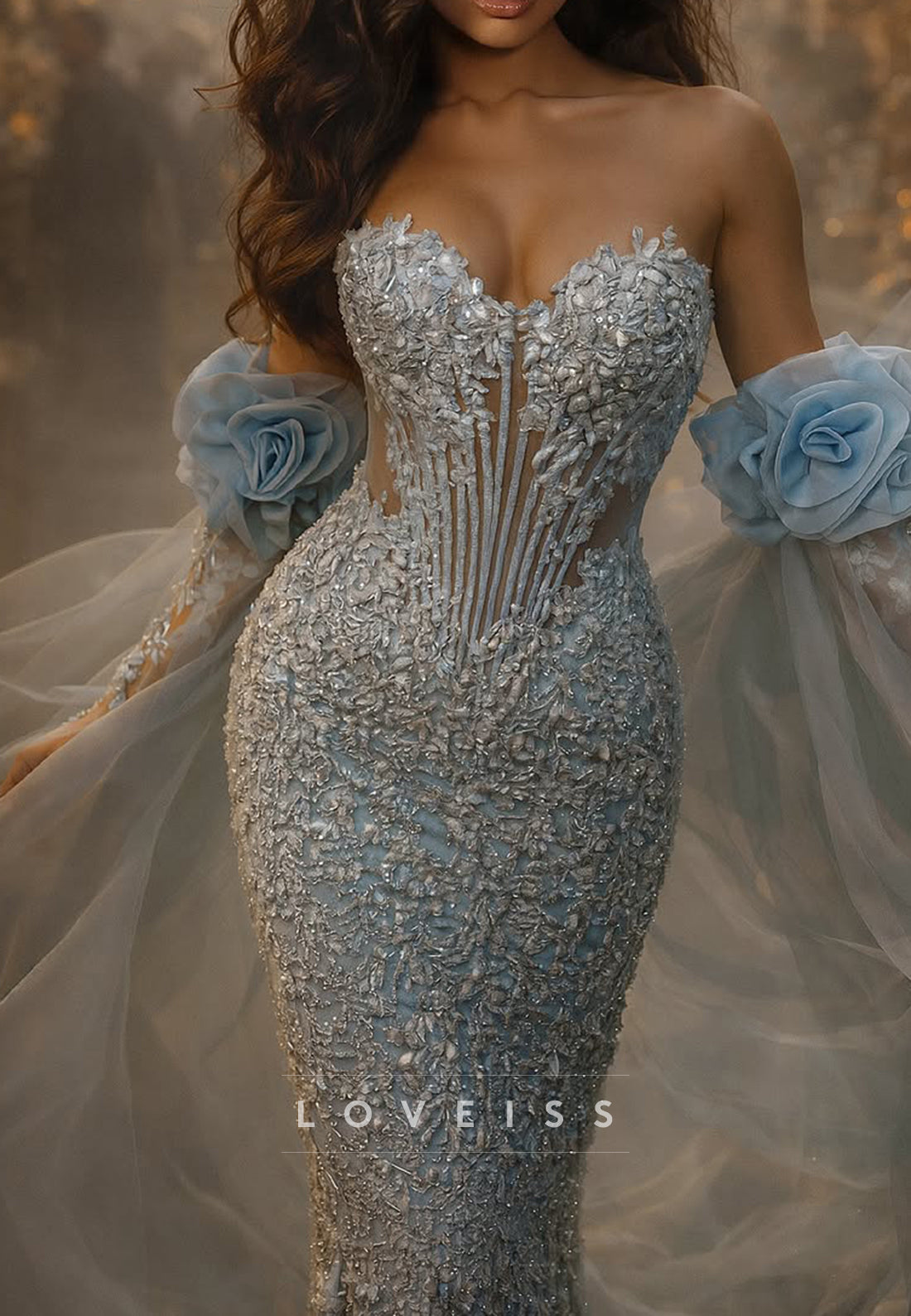 Embellished Corset Mermaid Gown with Floral Drapes