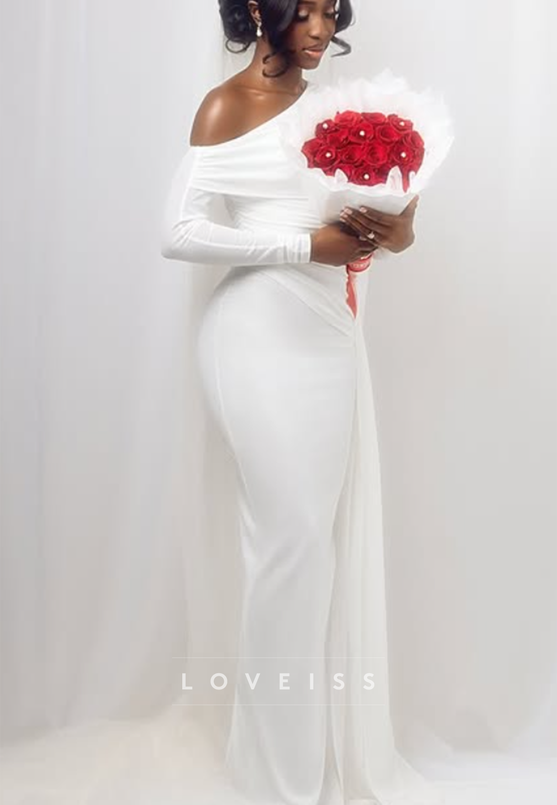 One-Shoulder Long Sleeve Gown with Draped Train