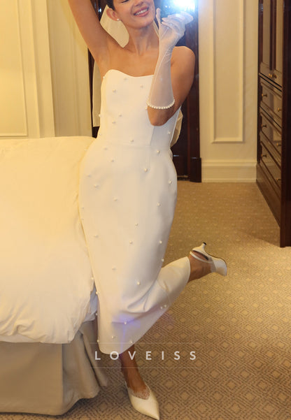 Strapless Pearl-Embellished Sheath Wedding Dress