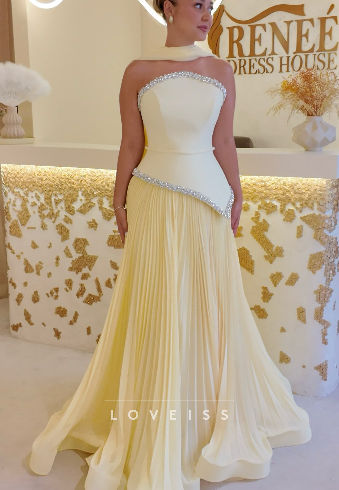 Strapless Pleated Chiffon A-Line Evening Gown