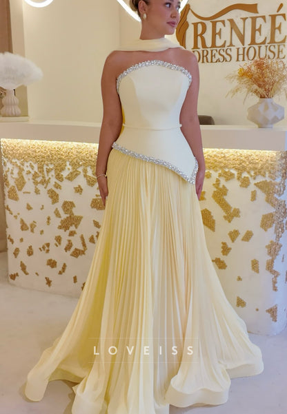 Strapless Pleated Chiffon A-Line Evening Gown