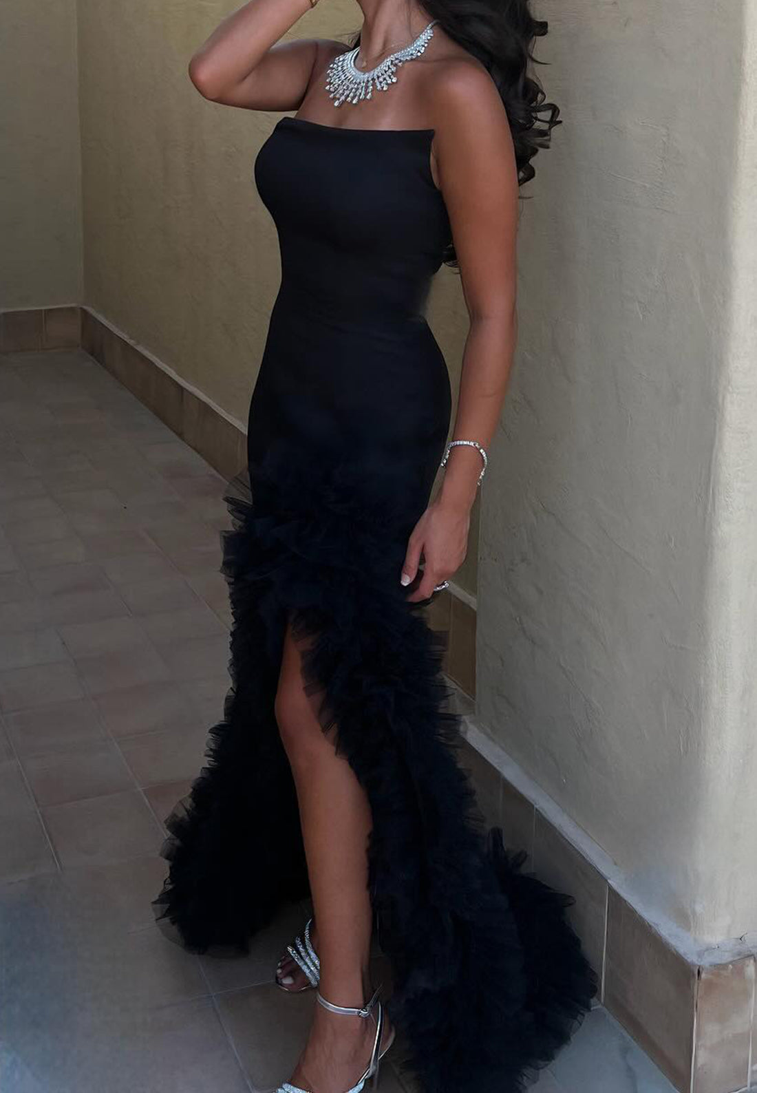 Strapless Ruffle Slit Evening Gown