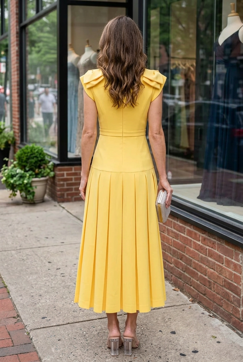 Pleated Midi Dress with Layered Cap Sleeves