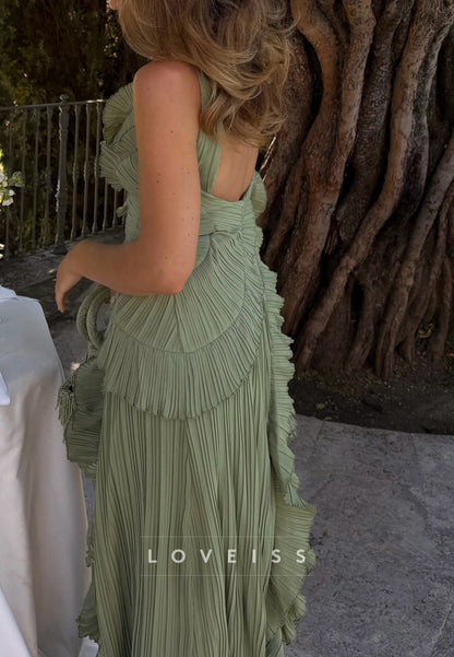 Pleated Ruffle Open Back Maxi Dress