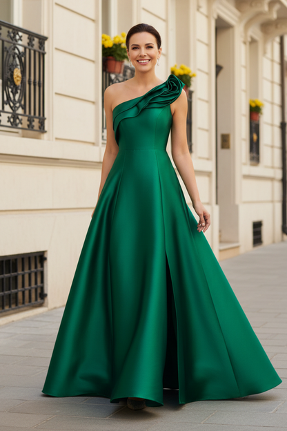 One-Shoulder Rosette Satin A-Line Gown