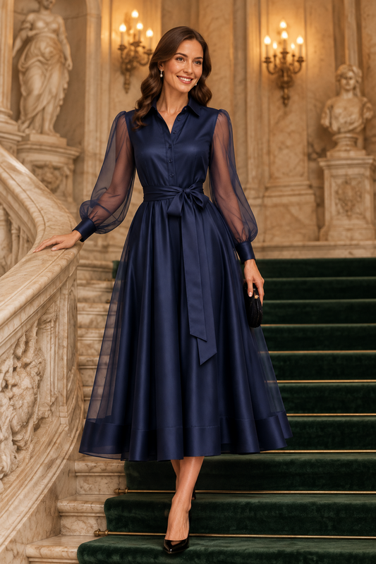 Collared Midi Shirtdress with Sheer Long Sleeves
