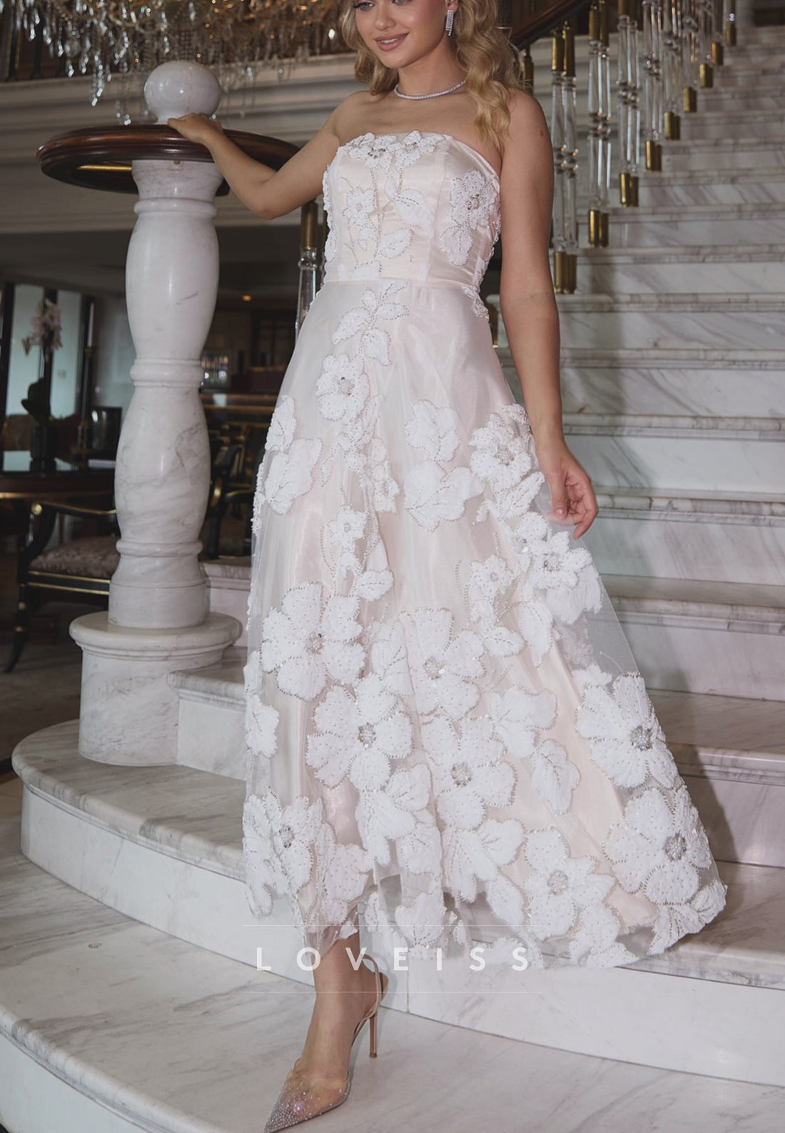 Strapless 3D Floral Applique A-Line Midi Dress