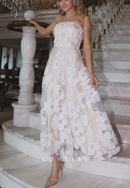 Strapless 3D Floral Applique A-Line Midi Dress