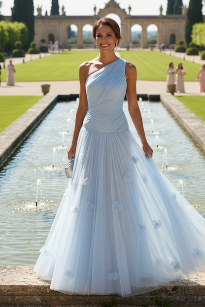 One-Shoulder Ruched Tulle Gown with 3D Flowers