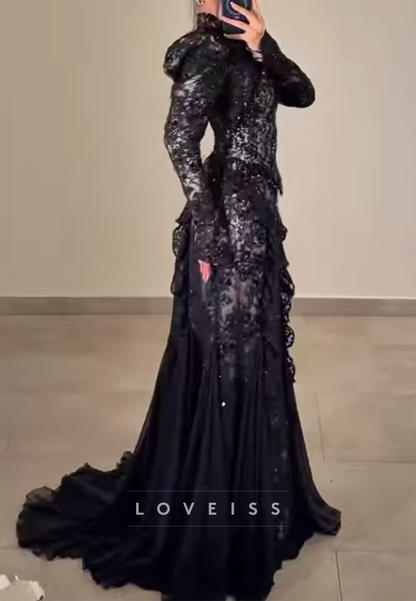 High Neck Lace Mermaid Evening Gown with Sleeves