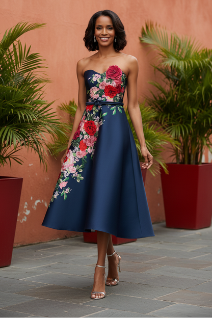 Strapless Floral Print A-Line Midi Dress