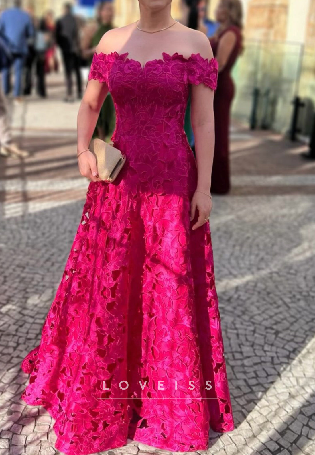 Off Shoulder Lace Applique A-Line Formal Gown