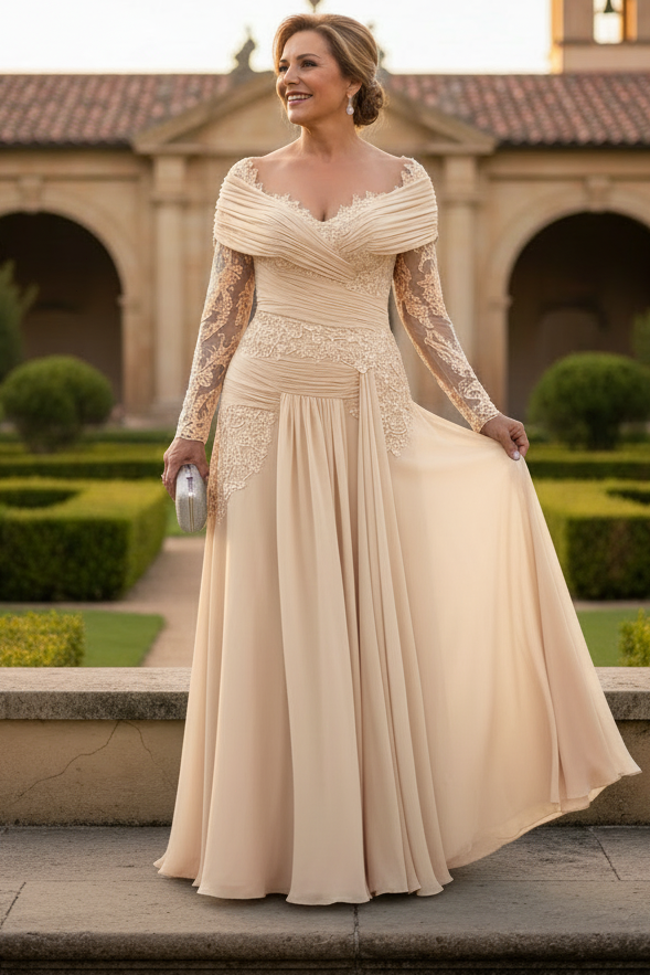 Pleated Asymmetrical Lace Long Sleeve Evening Gown