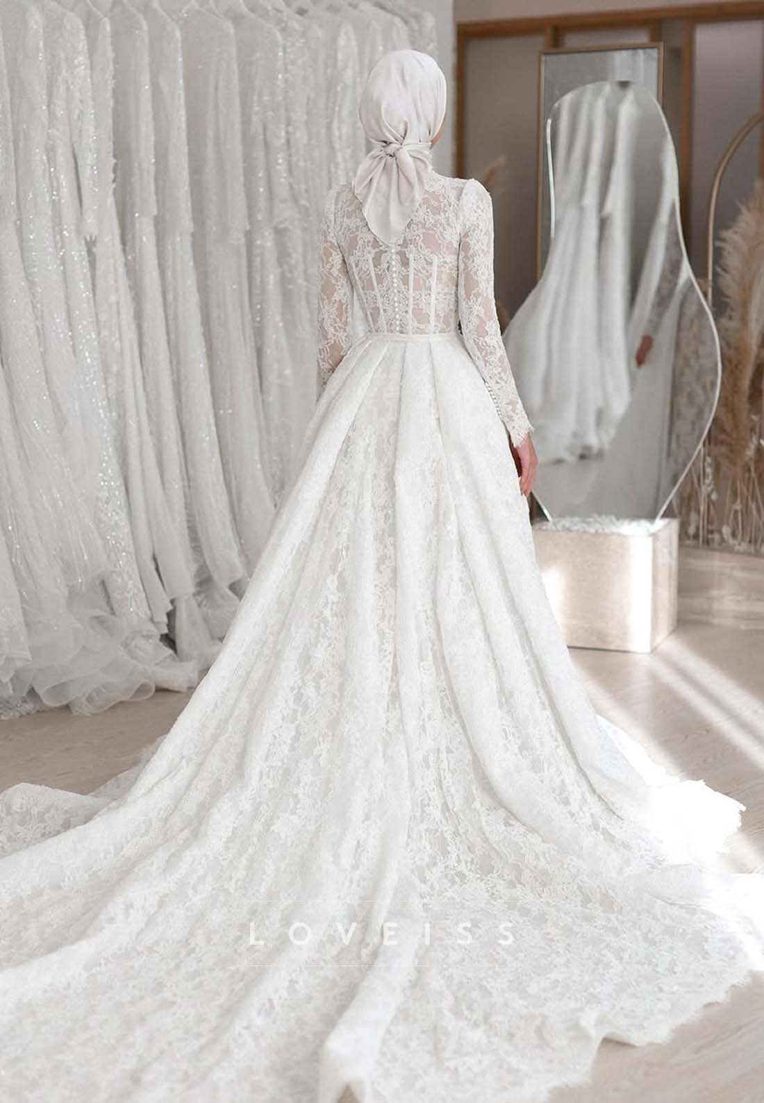 High Neck Lace Wedding Dress with Overskirt