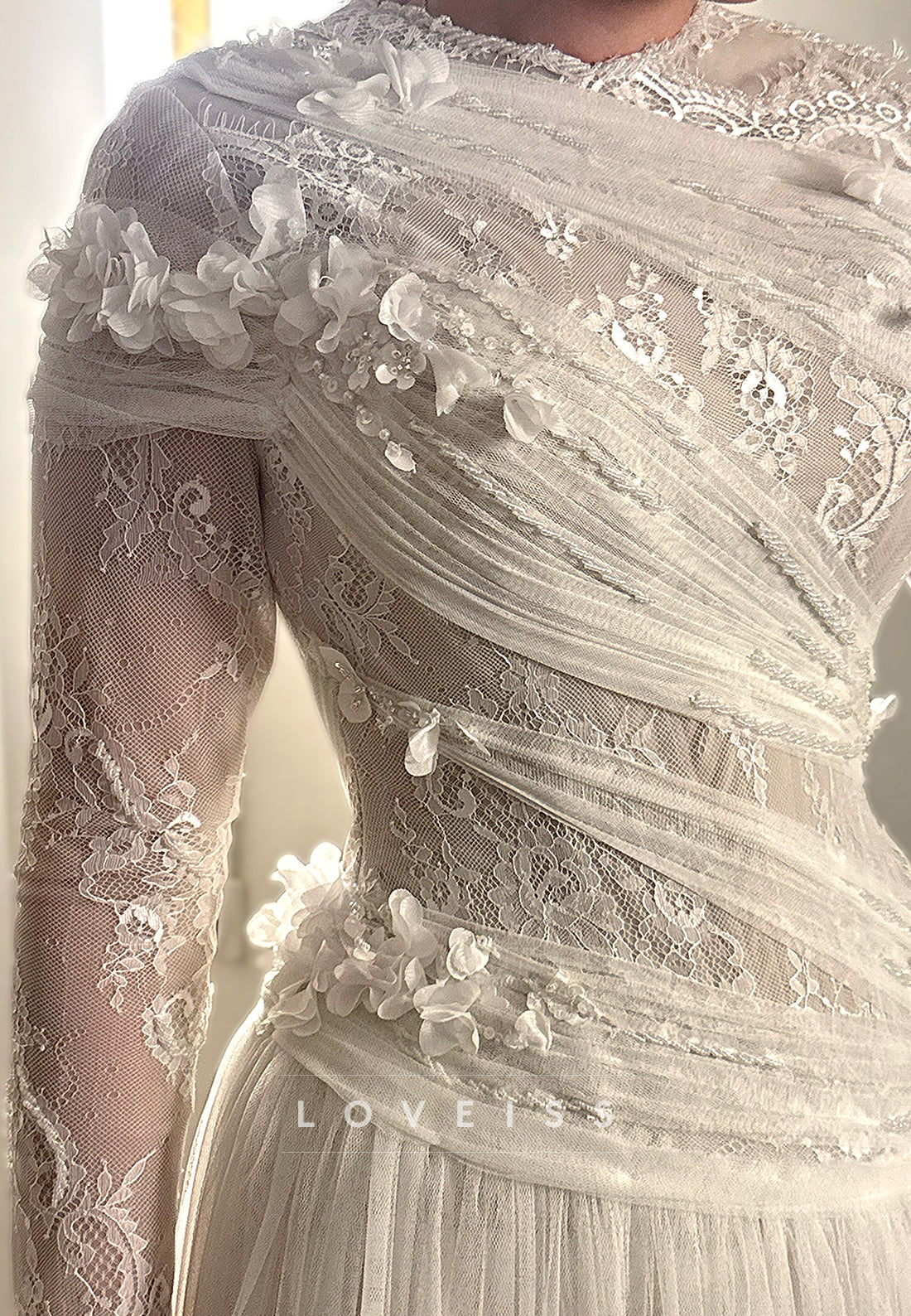 Asymmetrical Drape Lace and Tulle Wedding Dress