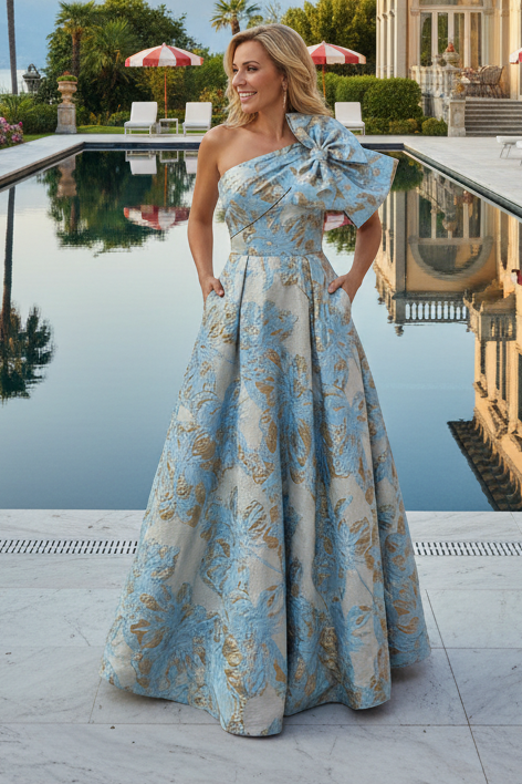 One Shoulder Jacquard Bow A-Line Evening Gown