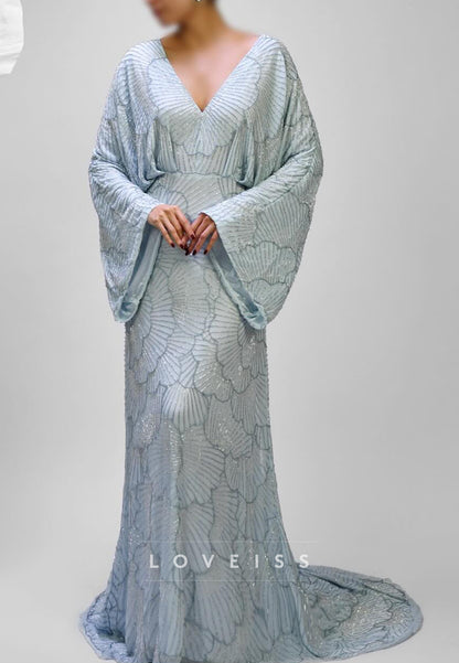 Art Deco Beaded V-Neck Gown with Bell Sleeves