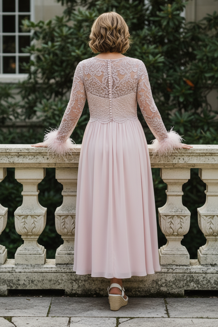 Beaded V-Neck A-Line Midi Dress with Feather Cuffs