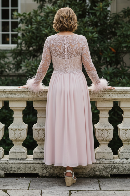 Beaded V-Neck A-Line Midi Dress with Feather Cuffs