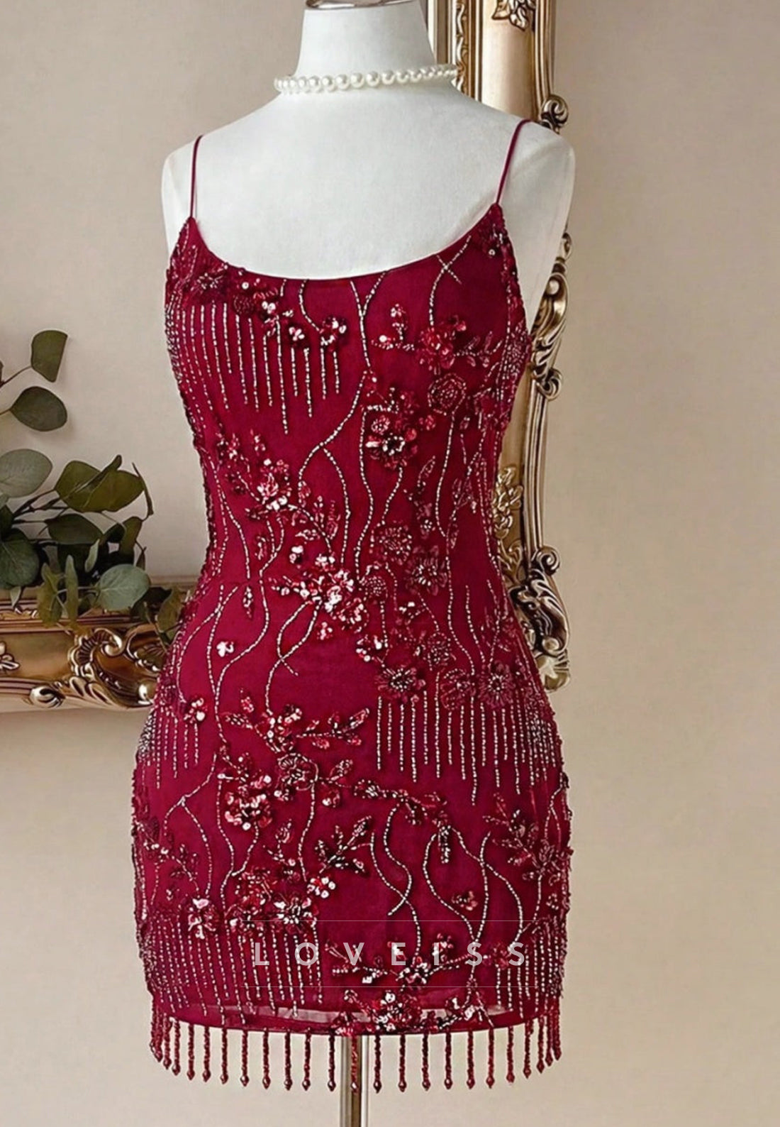 Beaded Floral Fringe Open Back Mini Dress