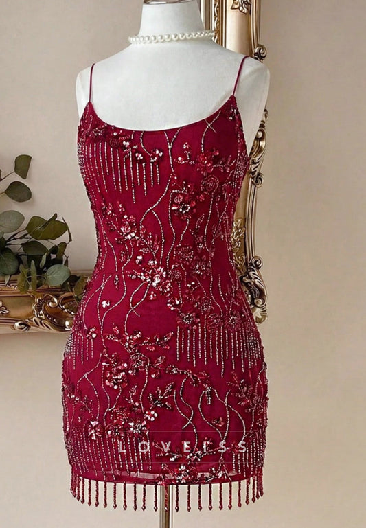 Beaded Floral Fringe Open Back Mini Dress