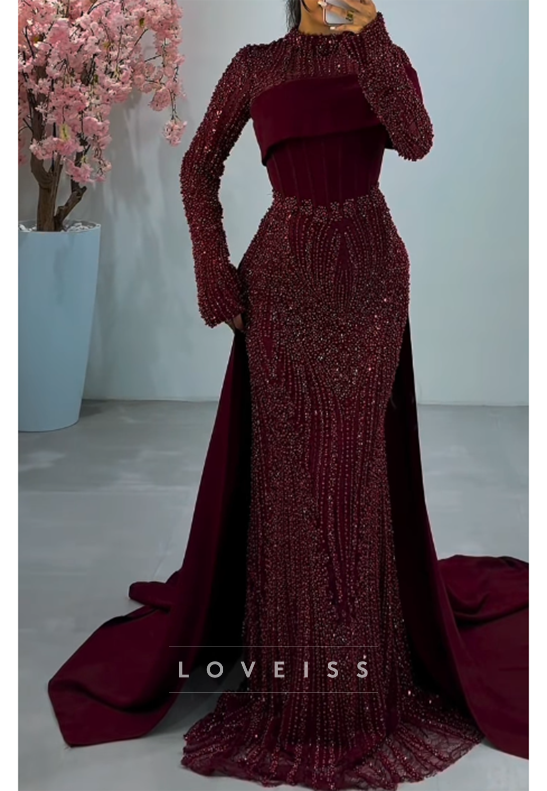 Beaded Mermaid Evening Gown with Detachable Train
