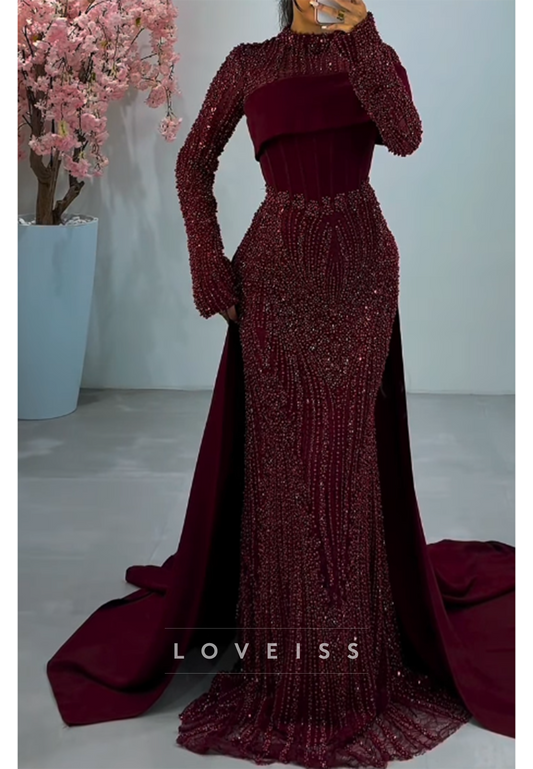 Beaded Mermaid Evening Gown with Detachable Train