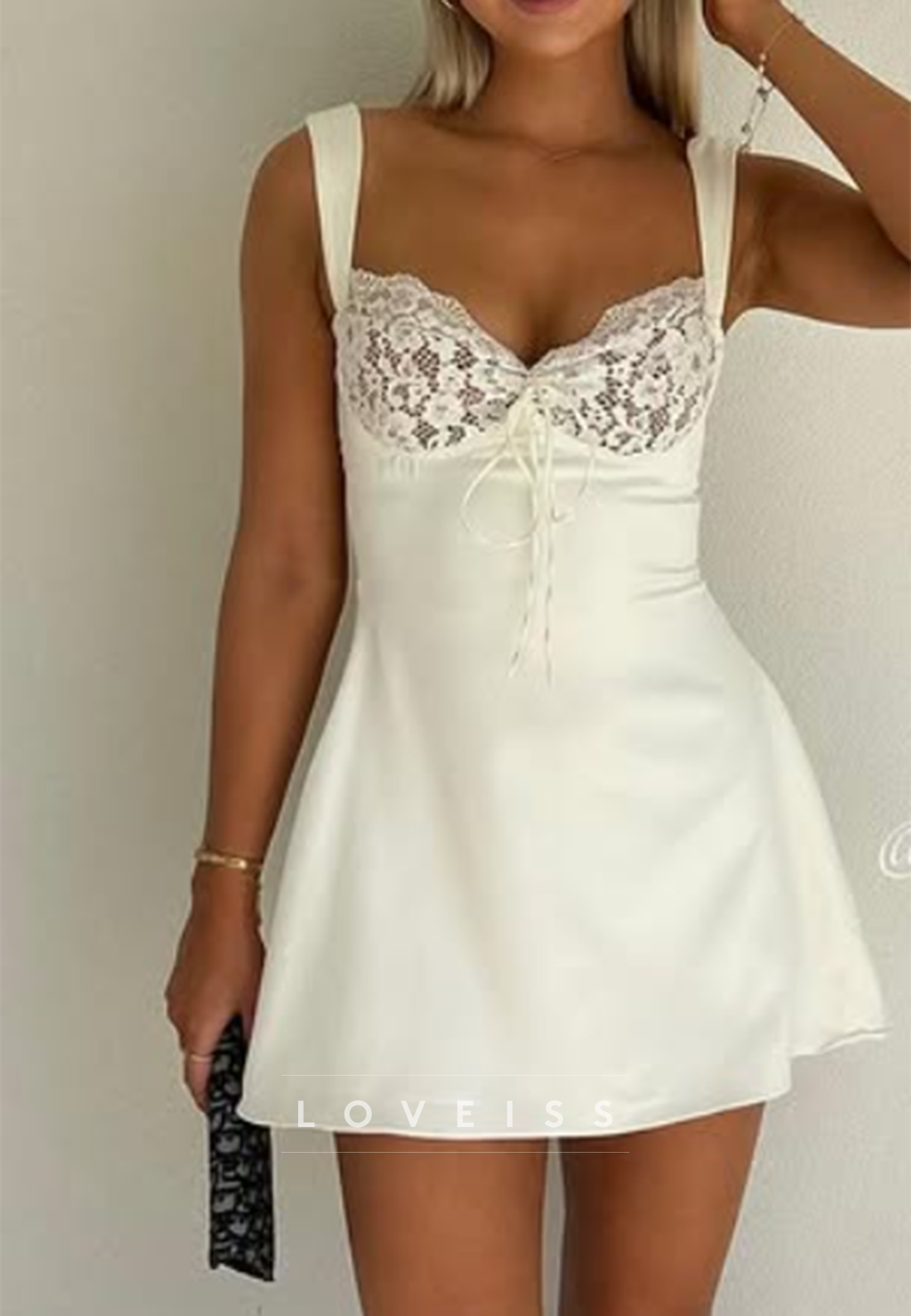 Lace Bustier Tie-Front Sleeveless Mini Dress