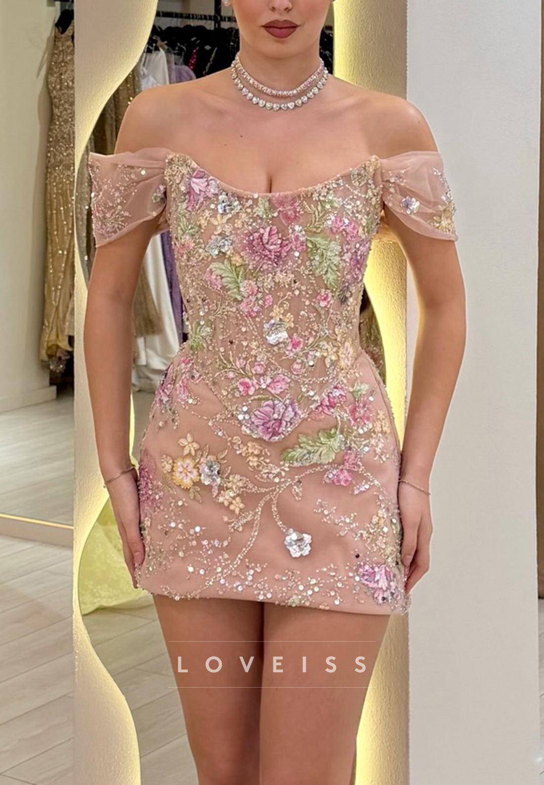 Off-the-Shoulder Floral Embroidered Corset Mini Dress