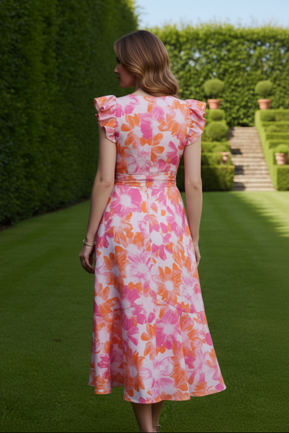 Floral Print Flutter Sleeve High-Low Wrap Dress