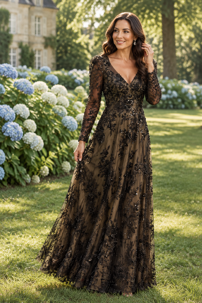 Sequin Lace Long Sleeve A-Line Evening Gown