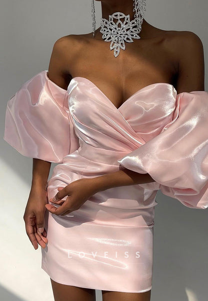 Off-the-Shoulder Puff Sleeve Satin Mini Dress