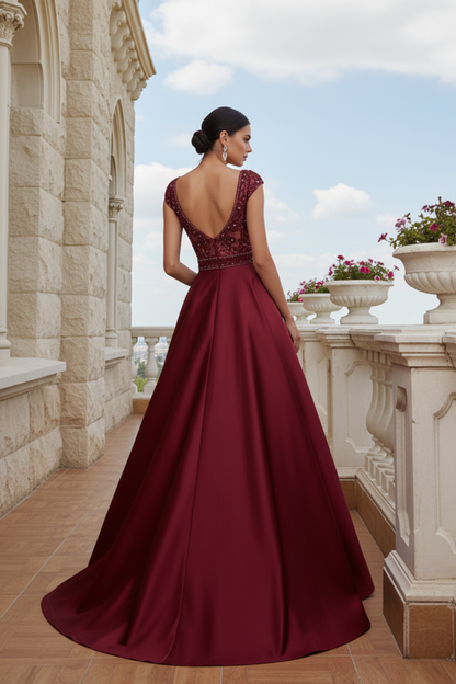 Beaded Cap Sleeve Satin A-Line Evening Gown