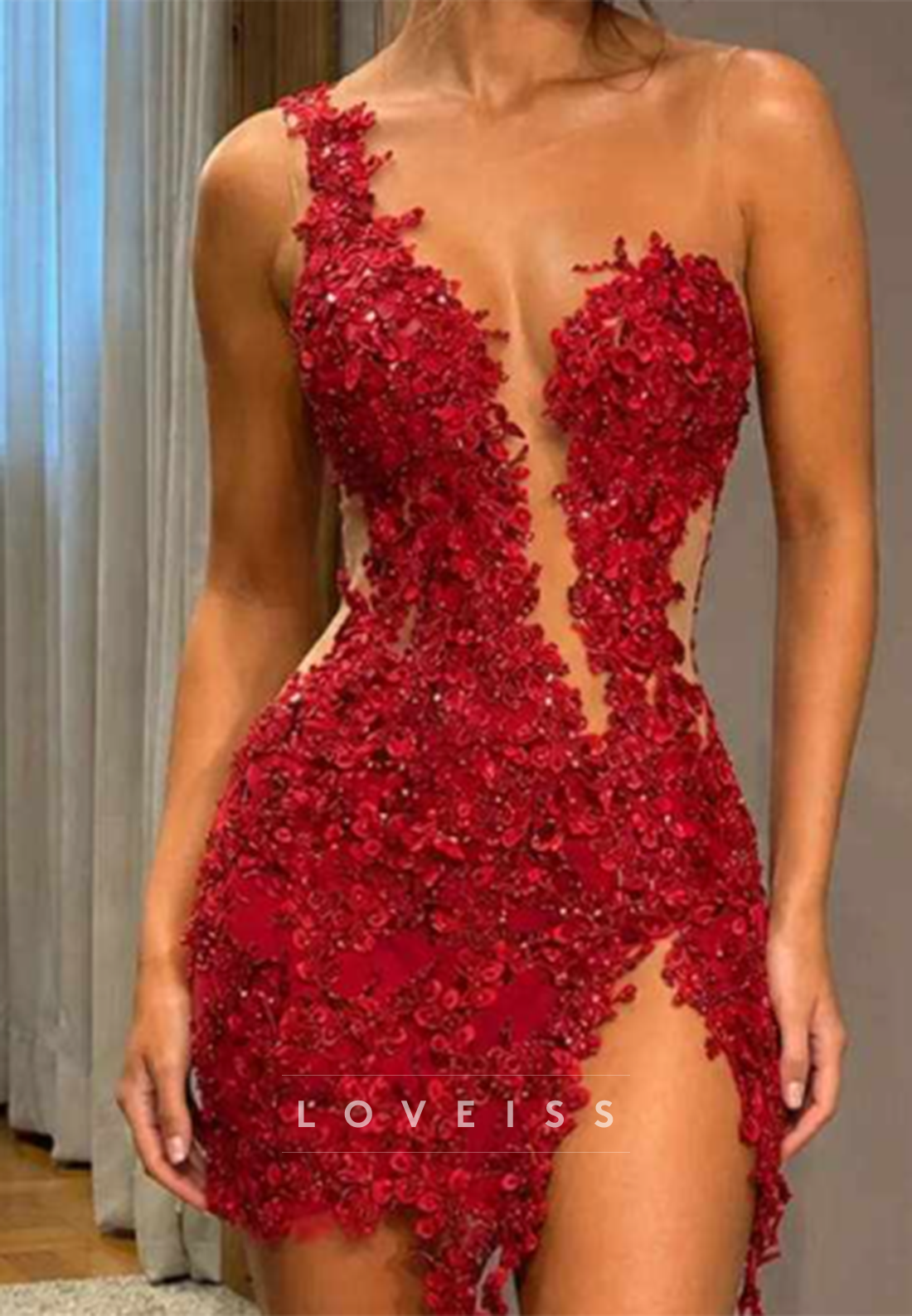 Asymmetrical 3D Floral Applique Mini Dress