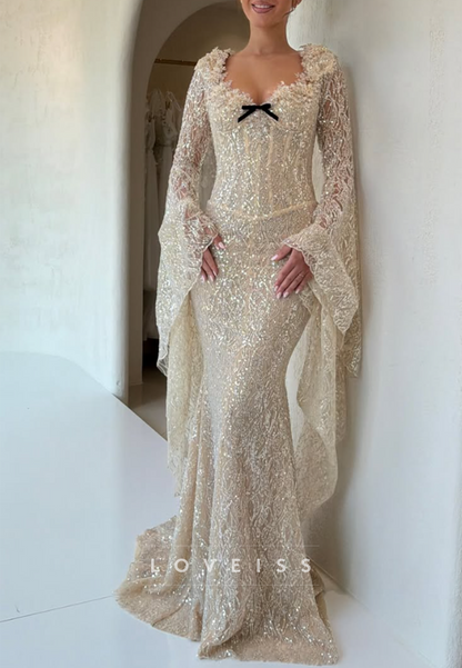 Sequin Lace Mermaid Gown with Split Cape Sleeves