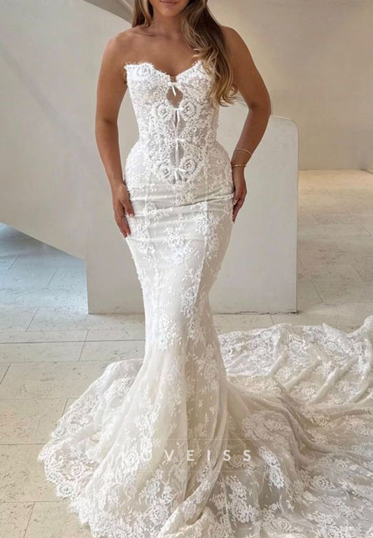 Strapless Lace Mermaid Wedding Dress with Pearls