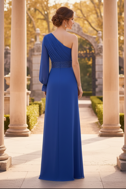 One-Shoulder Long Sleeve Chiffon Evening Gown
