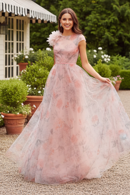 Romantic Floral Tulle A-Line Gown with 3D Flower