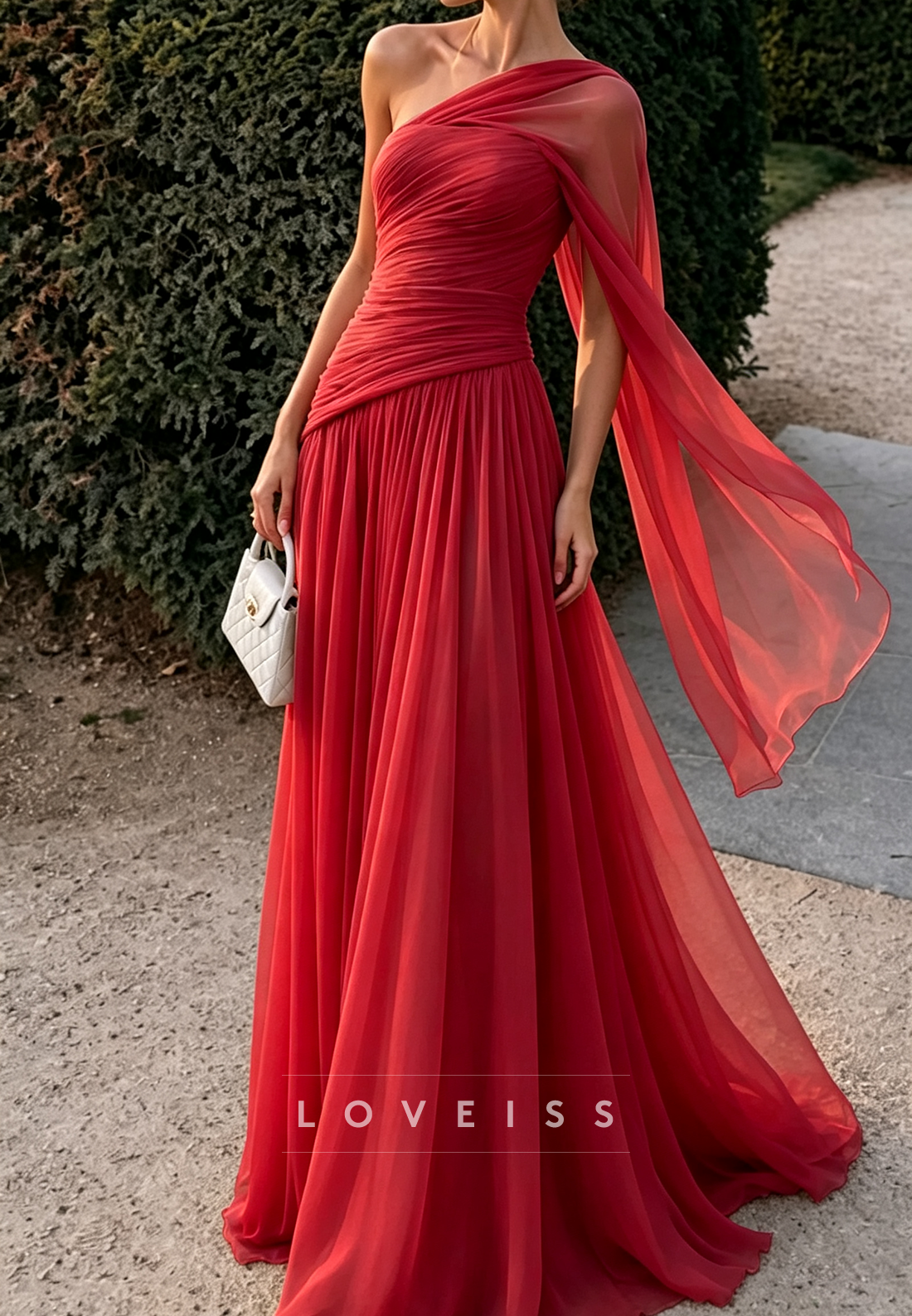 One Shoulder Chiffon A-Line Evening Gown with Cape Sleeve