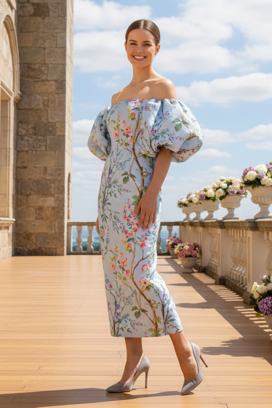 Floral Off-the-Shoulder Midi Dress with Puff Sleeves