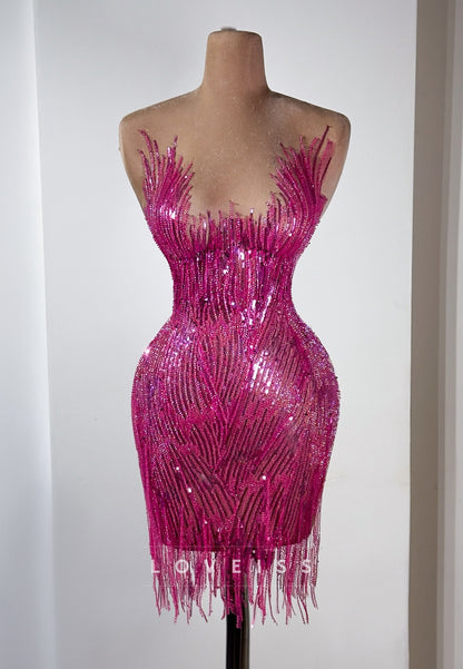 Sequined Beaded Mini Dress with Fringe Hem