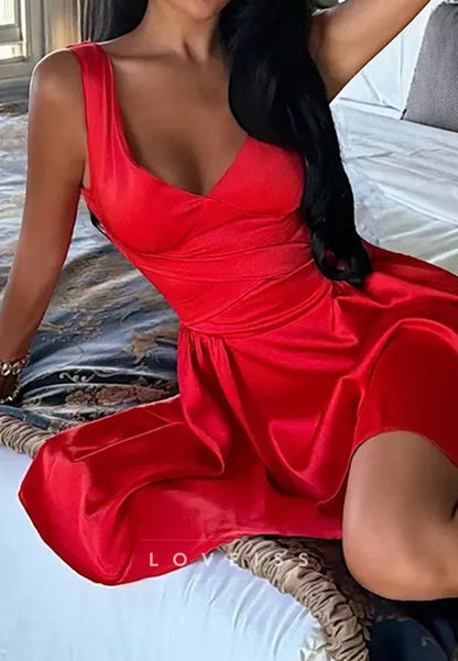 Satin Wrap Bodice A-Line Mini Dress with Slit