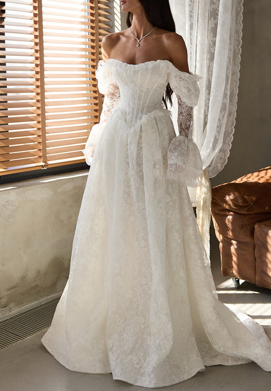Off-Shoulder Lace Ball Gown Wedding Dress