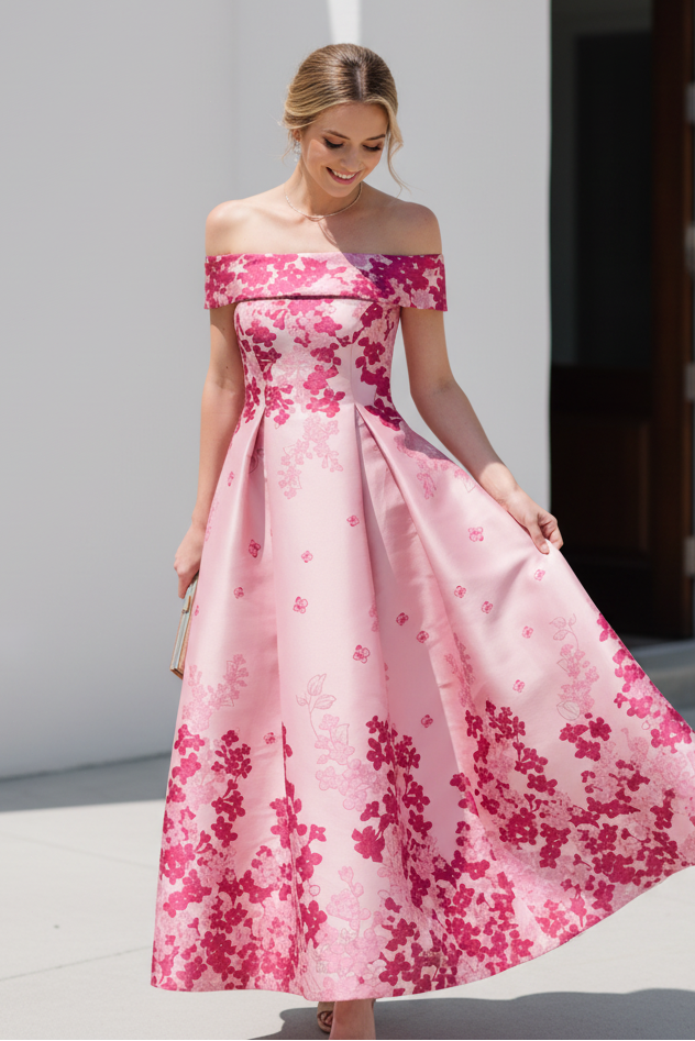 Floral Jacquard Off-the-Shoulder A-Line Dress