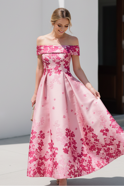 Floral Jacquard Off-the-Shoulder A-Line Dress