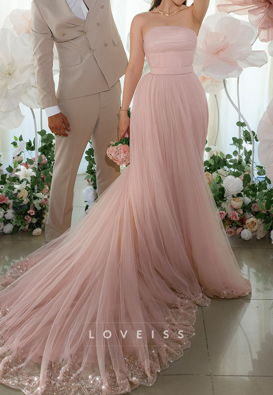 Strapless Pleated Tulle Gown with Train