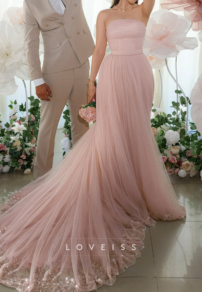 Strapless Pleated Tulle Gown with Train