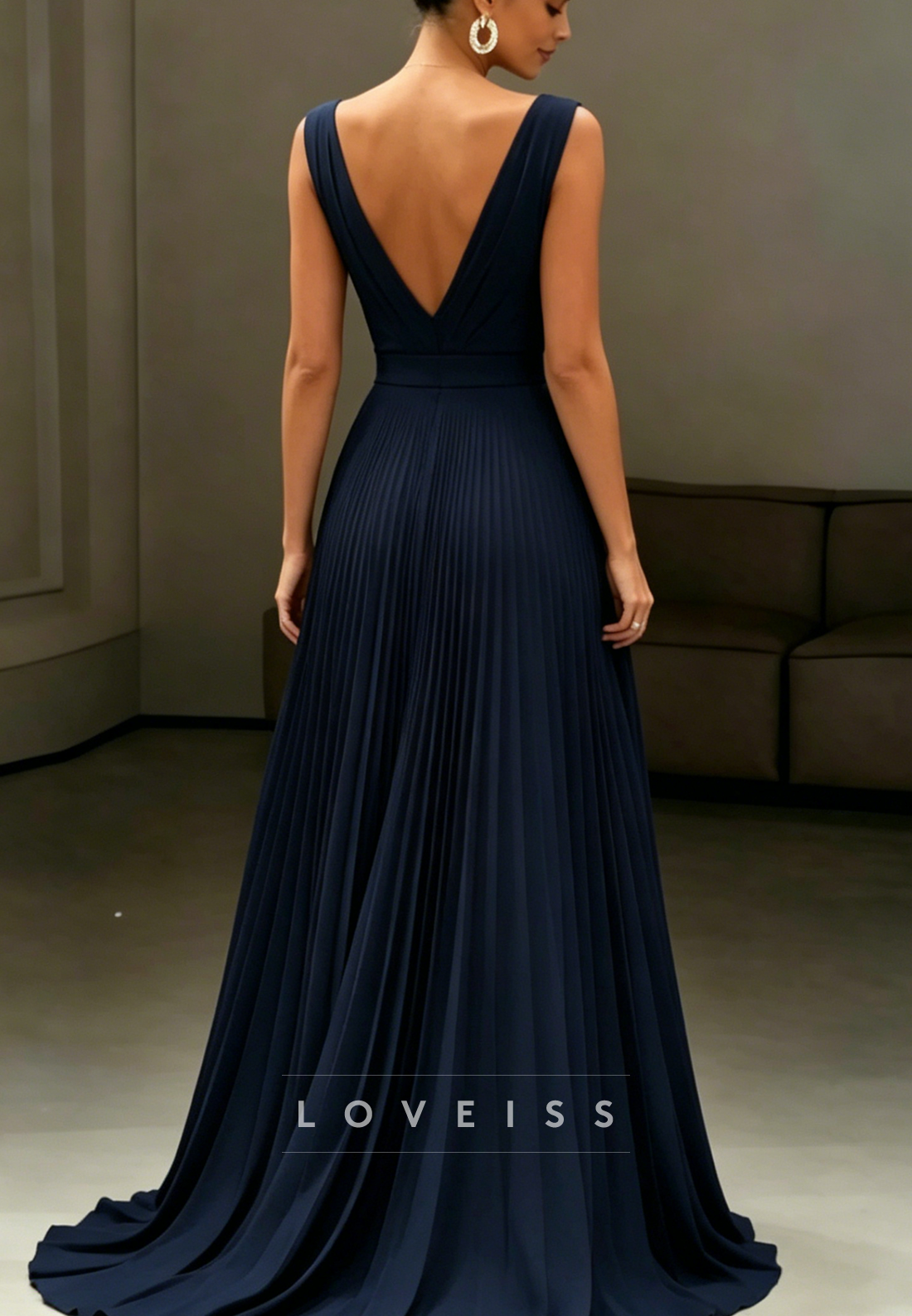 Sleeveless Pleated V-Neck A-Line Gown with Slit
