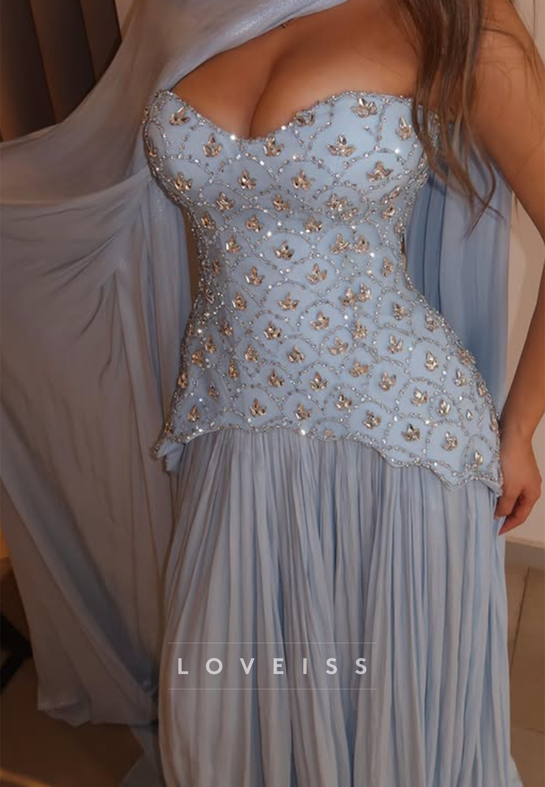 Strapless Pleated Gown with Beaded Bodice and Shawl